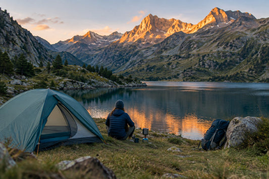 Petite tente montée au crépuscule près d'un lac de montagne dans les Pyrénées, randonneur de dos préparant son repas sur un réchaud