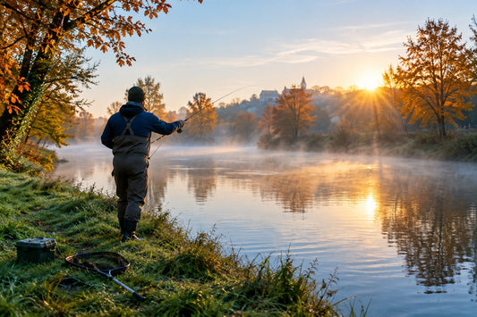 Pêcheur de dos lançant sa ligne au bord d'une rivière bordée d'arbres aux couleurs d'automne, brume matinale sur l'eau en France