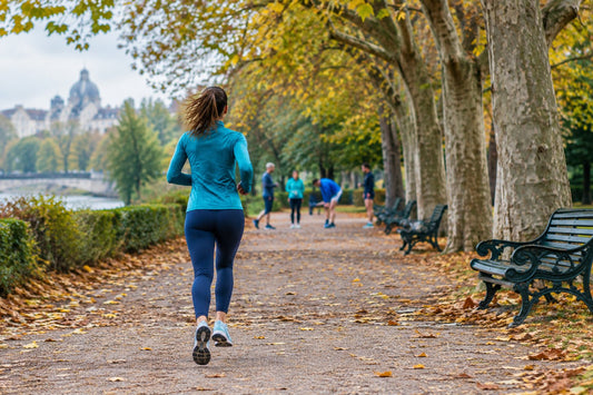 Coureuse de dos sur un chemin de parc urbain français à l'automne, feuilles mortes au sol, préparant une course en club