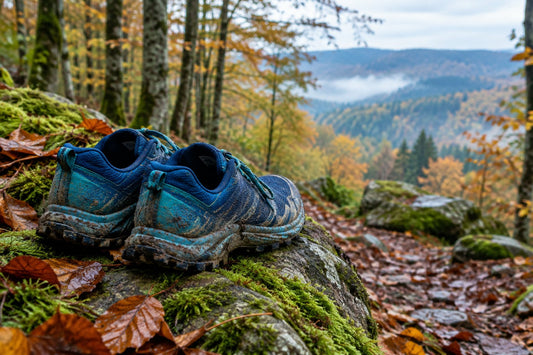 Paire de chaussures de trail boueuses posée sur un rocher moussu au bord d'un sentier forestier des Vosges, sous une lumière d'automne