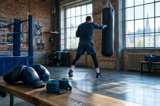 Boxeur vu de dos frappant un sac dans une salle de boxe française, gants et bandes aux mains, lumière d'hiver par les fenêtres