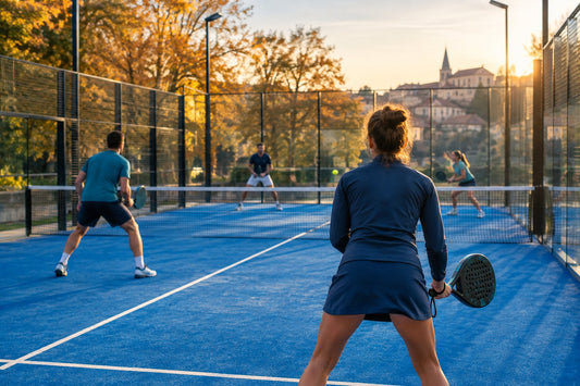 Partie de padel en double sur un court vitré en France, joueur vu de dos préparant une volée avec sa raquette en fin de journée