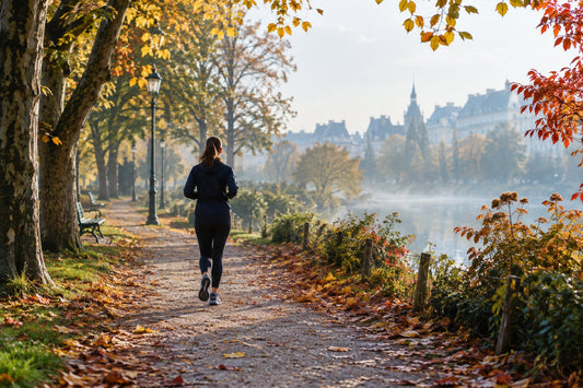 Coureuse débutante vue de dos trottinant sur une allée de parc urbain en automne, feuilles mortes au sol et lumière douce du matin