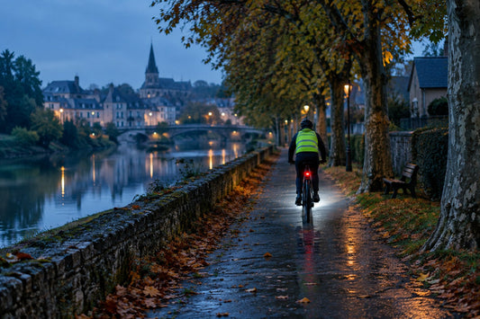 Cycliste de dos sur une piste cyclable bordée d'arbres en automne, feu arrière rouge allumé et gilet jaune réfléchissant au crépuscule