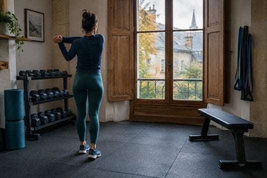 Coin salle de sport aménagé dans une maison française, tapis de sol, haltères rangés sur un support et banc près d'une fenêtre